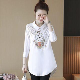 Beaded 3/4 Sleeve Long Shirt