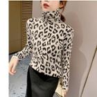 Leopard Long-sleeve Knit Top Almond - One Size