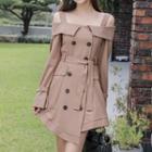 Long-sleeve Cold Shoulder Double-breasted Mini A-line Dress