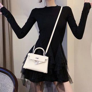 Long-sleeve Glitter Ruffled Mesh Mini T-shirt Dress
