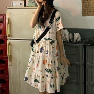 Printed Short-sleeve Dress As Shown As Figure - One Size