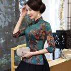Printed 3/4-sleeve Hanfu Top / High Waist Midi A-line Skirt