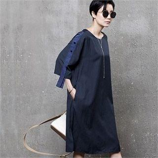 Button-trim Beribboned-sleeve Dress