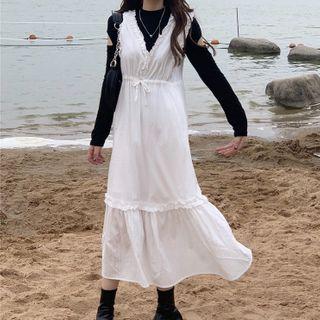 Plain Cardigan / Short-sleeve T-shirt / Drawstring Midi Jumper Dress