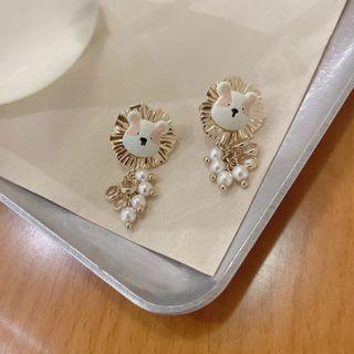 Bear Faux Pearl Alloy Dangle Earring 1 Pair - S925 Silver Needle Earring - Gold & White - One Size
