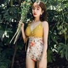 Floral Panel Drawstring One-piece Swimsuit