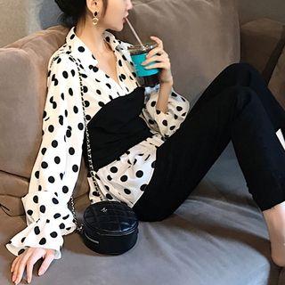 Set: Bell-sleeve Dotted Blouse + Skinny Pants