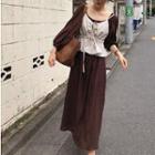 Balloon-sleeve A-line Maxi Dress / Striped Spaghetti-strap Peplum Top