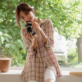 3/4-sleeve Longline Plaid Shirt