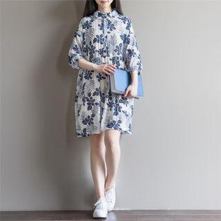 Set: Plain Slipdress + Flower Print Elbow-sleeve Shirt Dress