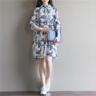 Set: Plain Slipdress + Flower Print Elbow-sleeve Shirt Dress