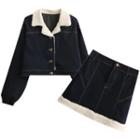 Set: Fleece Trim Cropped Denim Jacket + Mini A-line Skirt