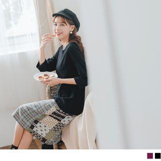 3/4 Sleeve Patterned Panel Shift Dress