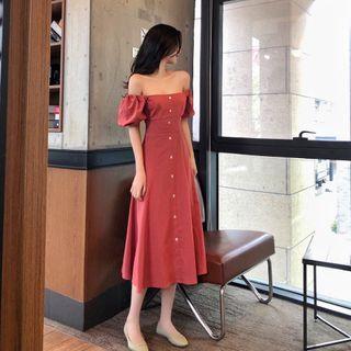 Button-up Off-shoulder Midi A-line Dress