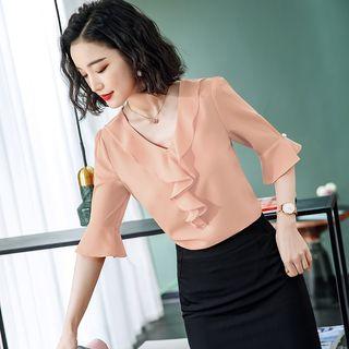 Ruffle Elbow-sleeve Blouse / Boot-cut Dress Pants / Pencil Skirt / Set