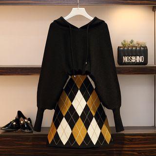 Set: Lantern-sleeve Sweater + Argyle A-line Skirt