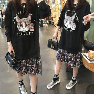Cat Printed Mock Two Piece Midi Pullover Dress