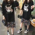 Cat Printed Mock Two Piece Midi Pullover Dress