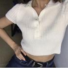 Polo-neck Short-sleeve Cropped Rib Knit Top