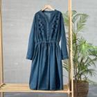 Long-sleeve Embroidered Denim A-line Dress Denim Blue - One Size