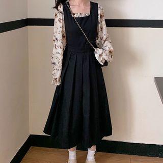 Long-sleeve Off-shoulder Floral Chiffon Top / A-line Midi Pinafore Dress