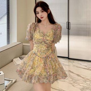 Off-shoulder Ruched Floral Mini Dress