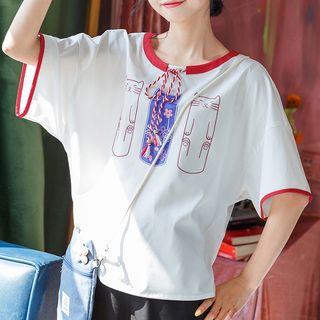 Cat Print Contrast-trim Short-sleeve Top