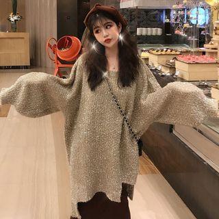 Asymmetric Hem Puff Sleeve Oversized Glittered Sweater