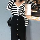 Long-sleeve Striped Knit Top/ Buttoned Pencil Skirt