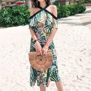 Elbow-sleeve Cold Shoulder Tropical Print Mermaid Dress