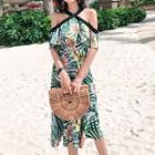 Elbow-sleeve Cold Shoulder Tropical Print Mermaid Dress