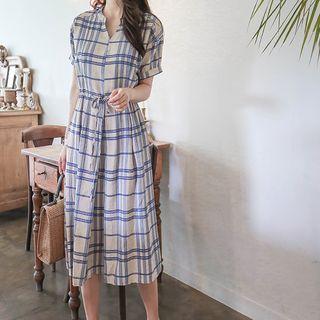 Drawcord-waist Midi Plaid Dress