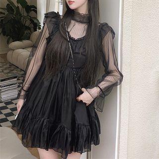 Turtle Neck Mesh Top / Ruffled Trim Mini Dress