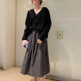 Cardigan / Plaid Midi A-line Skirt