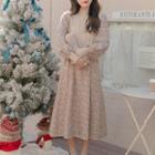 Long-sleeve Floral Midi A-line Dress Khaki - One Size