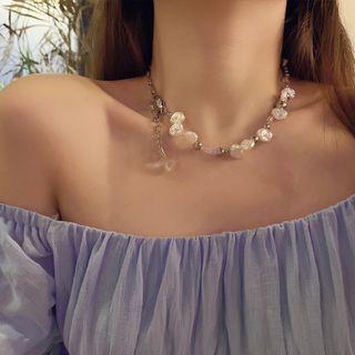Heart Faux Crystal Faux Pearl Choker Silver - One Size
