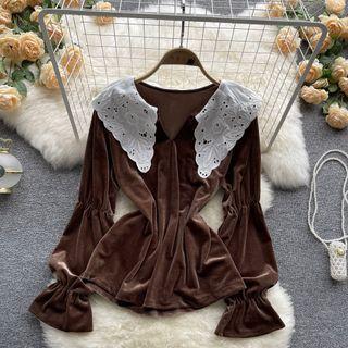 Lace Peter Pan Collar Long-sleeve Sleeve Velvet Top Coffee - One Size