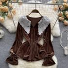 Lace Peter Pan Collar Long-sleeve Sleeve Velvet Top Coffee - One Size