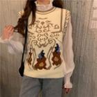 Flower Print Sweater Vest / Lantern-sleeve Blouse