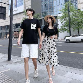 Couple Matching Mock Two-piece Midi A-line Dress / T-shirt / Shorts / Set