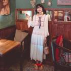 Embroidered Tie-waist Midi A-line Dress