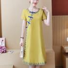 Short-sleeve Frog-button Midi Dress