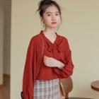 Plain Tie-neck Long-sleeve Blouse Wine Red - One Size