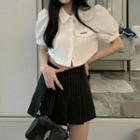 Short-sleeve Crop Shirt / Striped Pleated Mini A-line Skirt