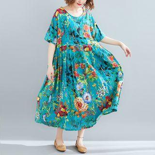 Floral Short-sleeve Midi A-line Dress Floral - Blue - One Size