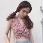Floral Print Sleeveless Knotted Crop Top