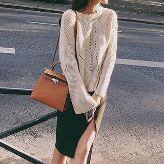 Set: Lace-up Back Sweater + Midi Slit-front Skirt