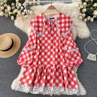 Lapel Plaid Panel Floral Long-sleeve Dress