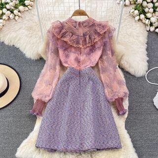 Long-sleeve Lace Ruffle Plaid Panel A-line Dress