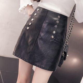 Double-breasted A-line Faux Leather Skirt